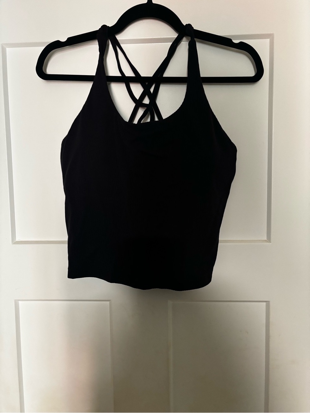Black Strappy Women's Crop Cami Seal Bra Longlined Ribed Built-In Bra Cups